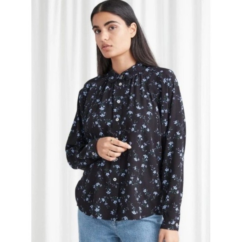 & Other Stories Floral Button Up Shirt Women's EU 34 US 4 XS‎ Black Blue NWOT